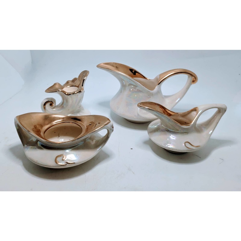 Vintage Pearl China Co. Iridescent Cream Sugar Tea Set 22k Gold Candle Holder